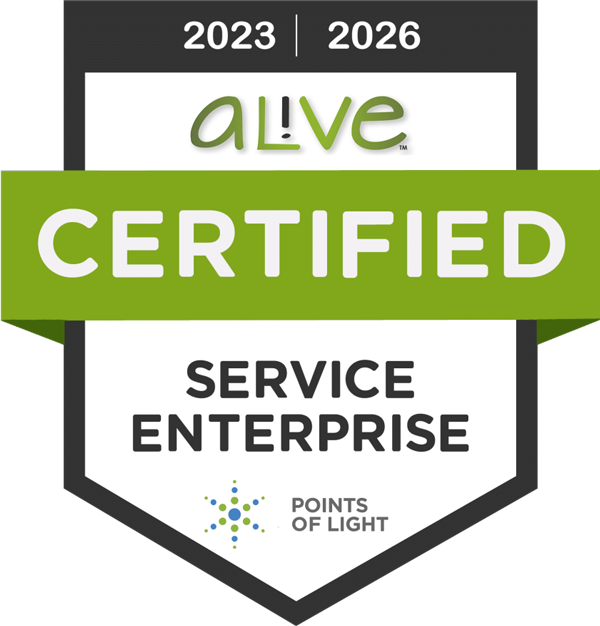 AL!VE Certified Service Enterprise badge recognizing Seniors in Service as a Certified Service Enterprise for 2023–2026 through Points of Light.