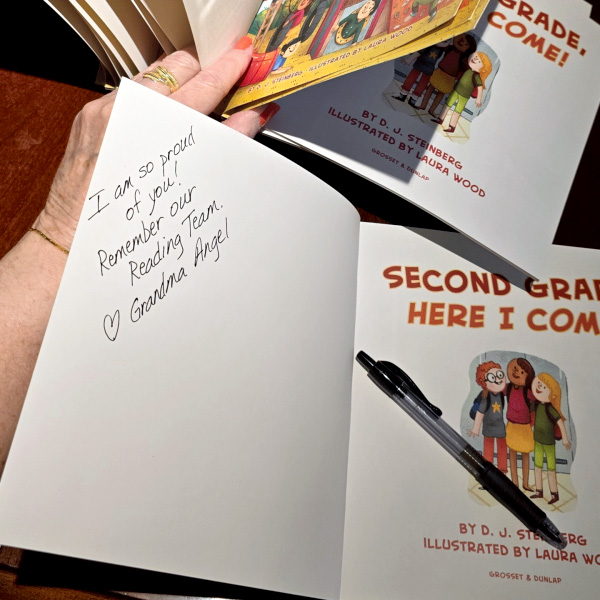 Handwritten message from Classroom Grandparent volunteer Angel inside a children's book given to students at the end of the school year to encourage reading and confidence.