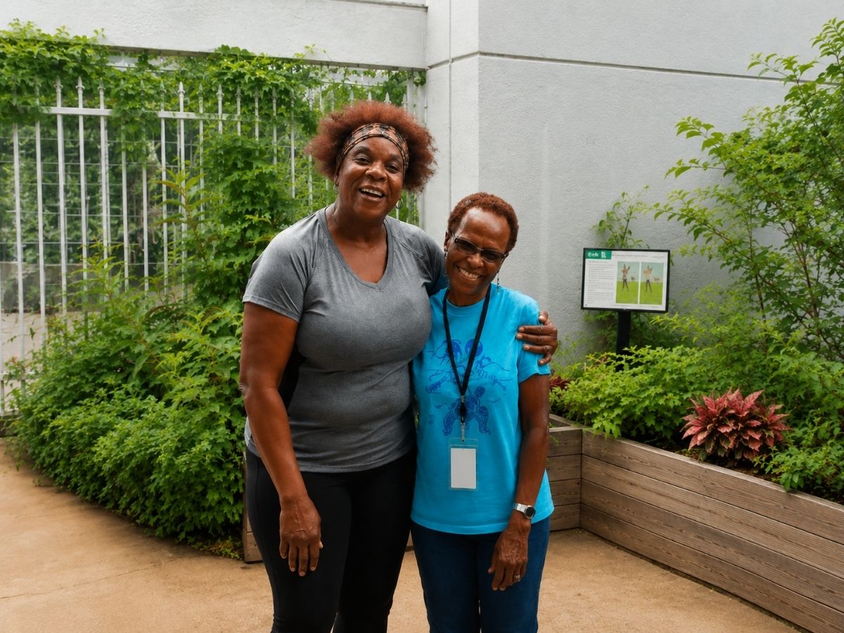 Classroom Grandparent volunteers Rebecca and Barbara smiling together.