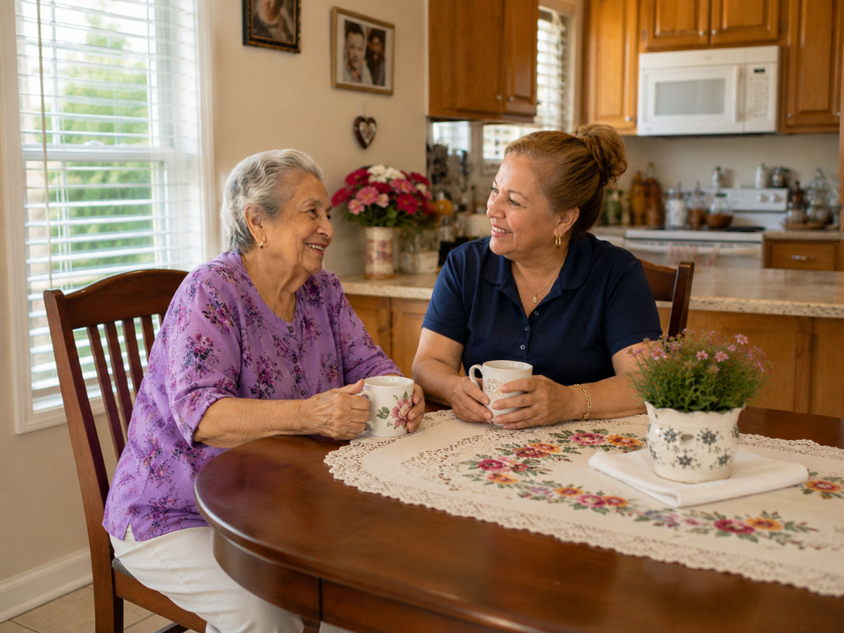 Senior Companion volunteer Delia spending time with older adult Cristina during a weekly visit.