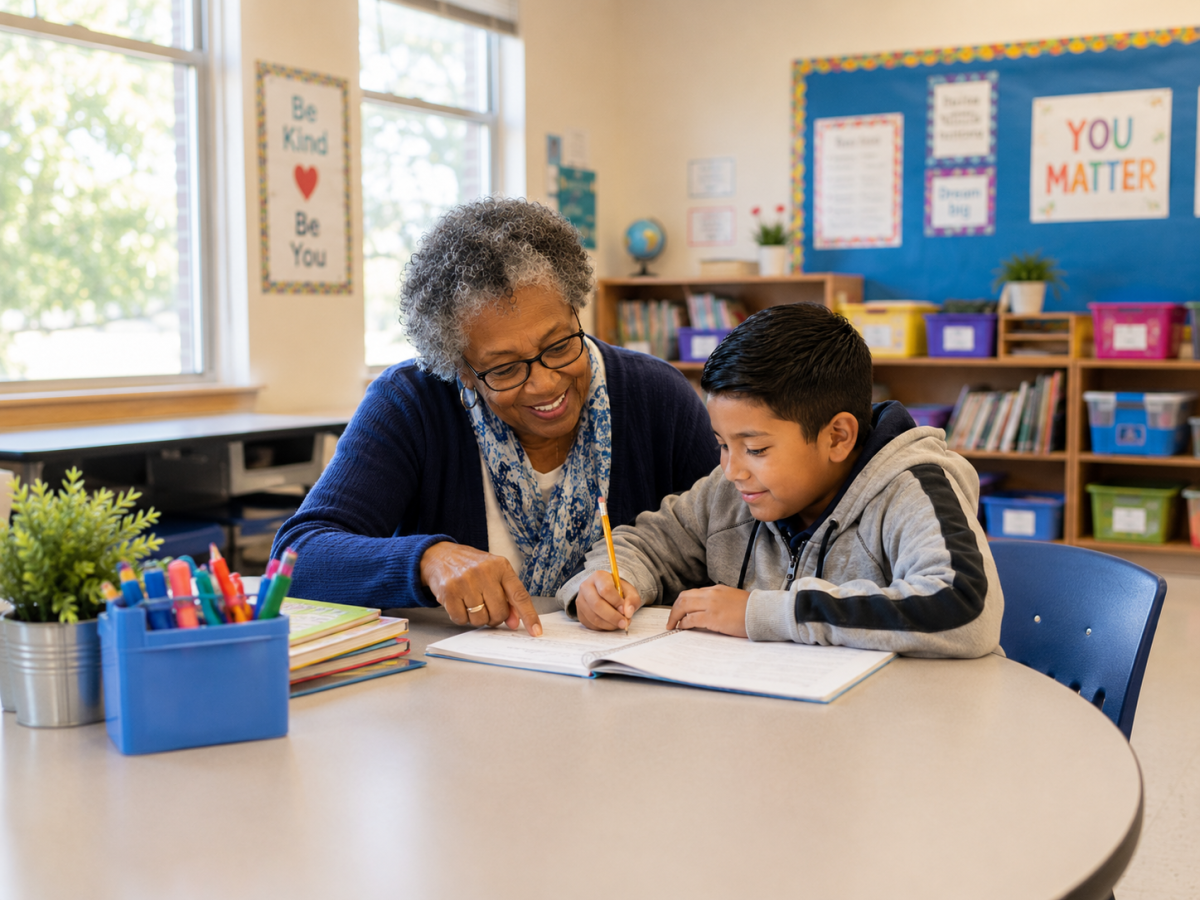 A Foster Grandparent volunteer works one-on-one with a student to build confidence and support learning.
