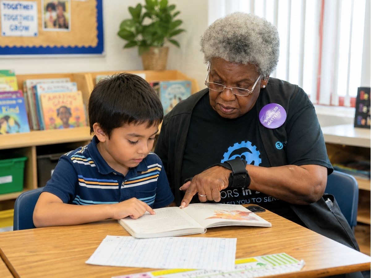 Foster Grandparent volunteer tutors a young student one-on-one during a reading lesson in a St. Petersburg classroom.