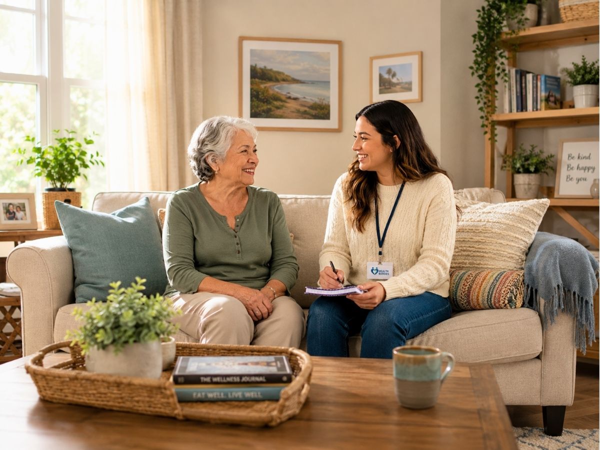 Health Buddies volunteer spending time with a senior at home in Pasco County, providing companionship and support.