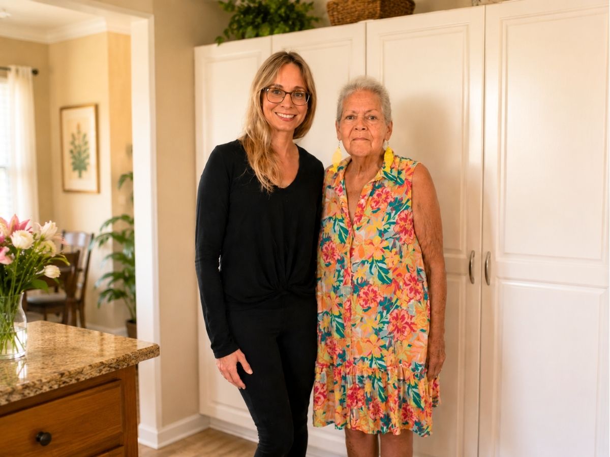Health Buddies volunteer Shelley smiling with participant Joyce during a visit in Tampa Bay.