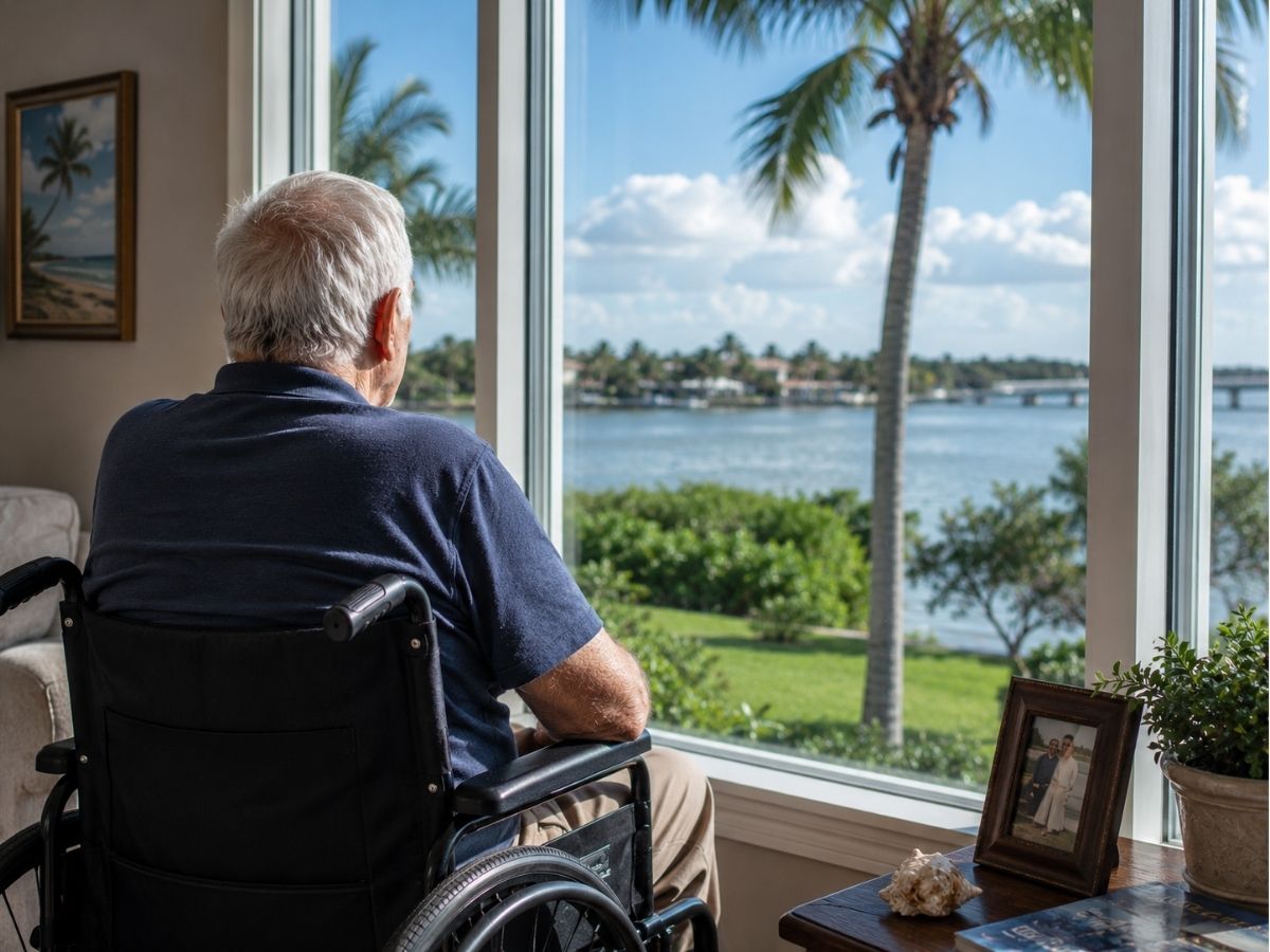 James sits in his wheelchair looking out a Florida window, reflecting the isolation he experienced before finding friendship through TelePals.
