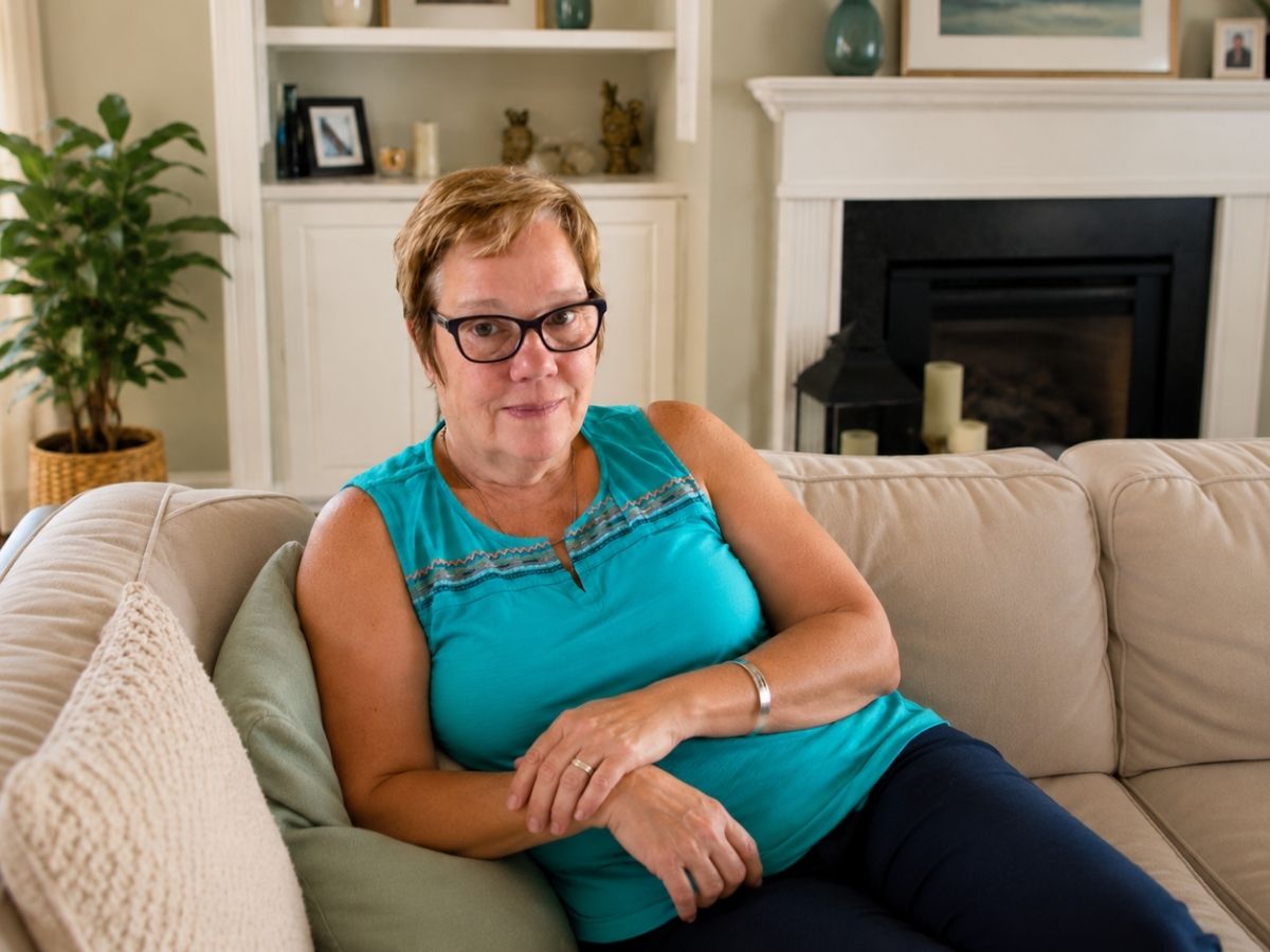 Volunteer Jane McGrady smiles while relaxing at home in Florida after retiring and beginning service with Seniors in Service.
