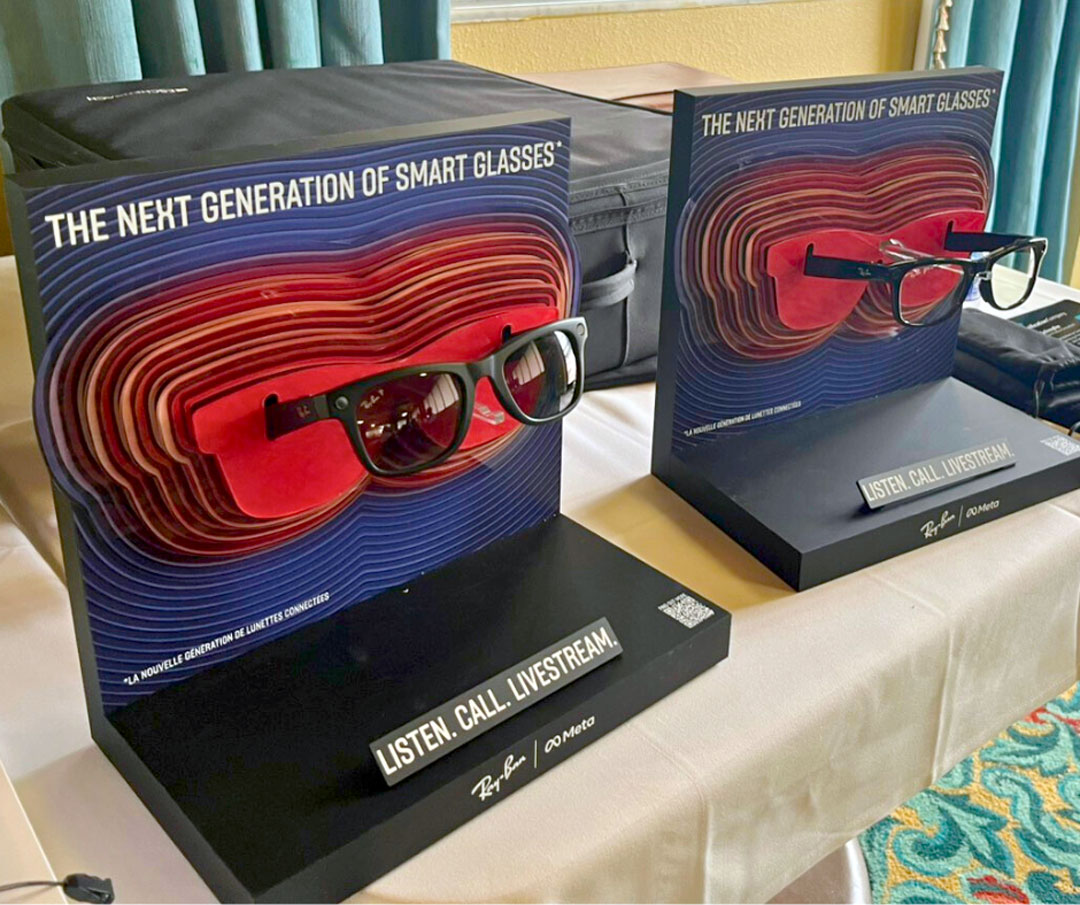 Meta smart glasses displayed during a Low Vision Support Group session focused on assistive technology and independent living for seniors with vision loss.