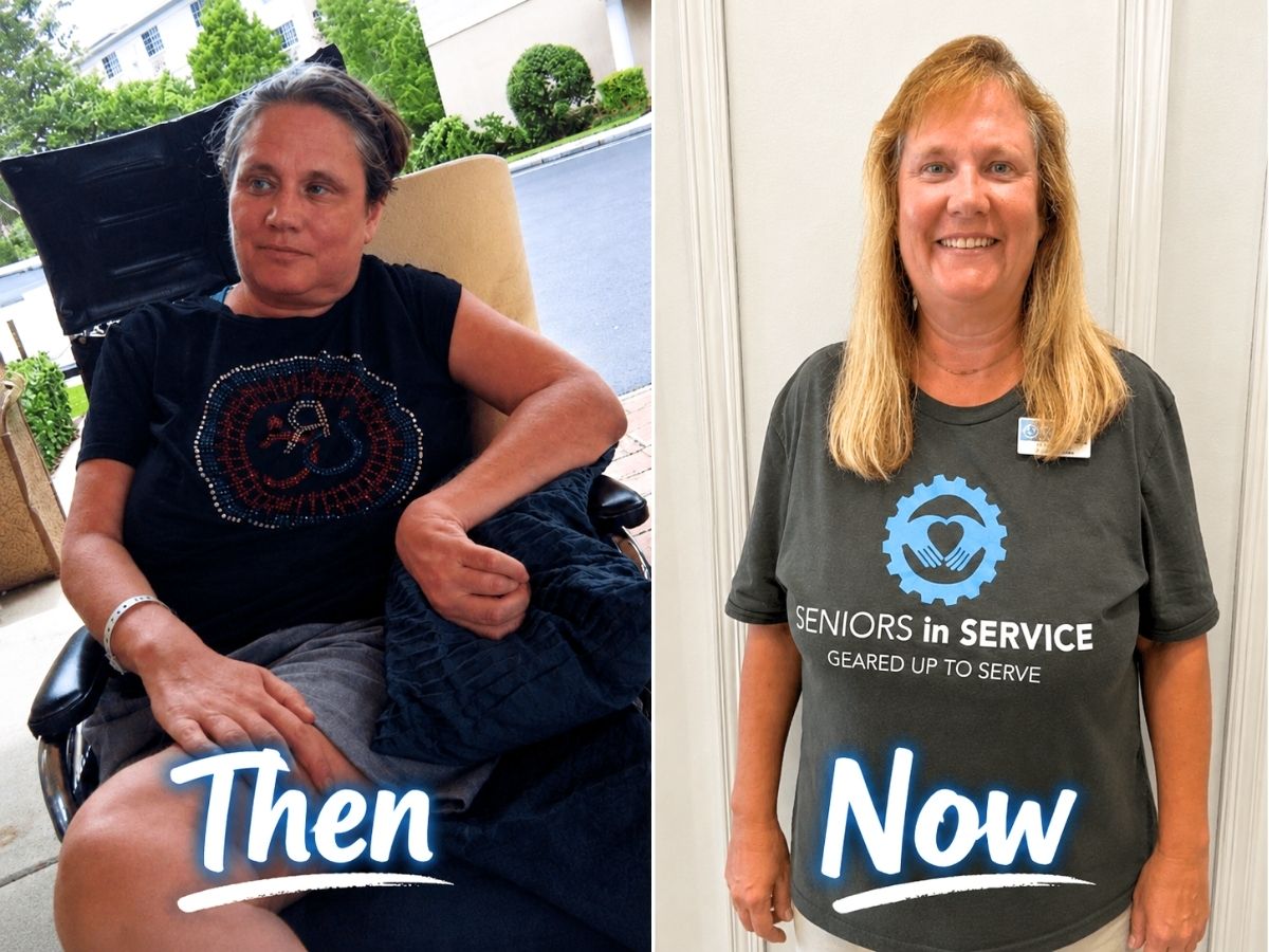 Side-by-side photos of Seniors in Service coordinator Michelle Mason showing her stroke recovery journey from rehabilitation to thriving independently.