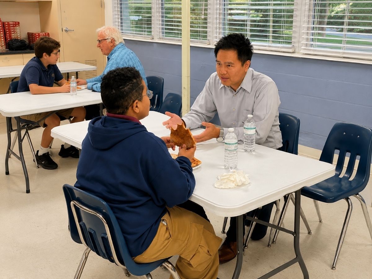 Volunteer mentors speak with middle school students during a mentoring and life-skills discussion over pizza in a community classroom setting.