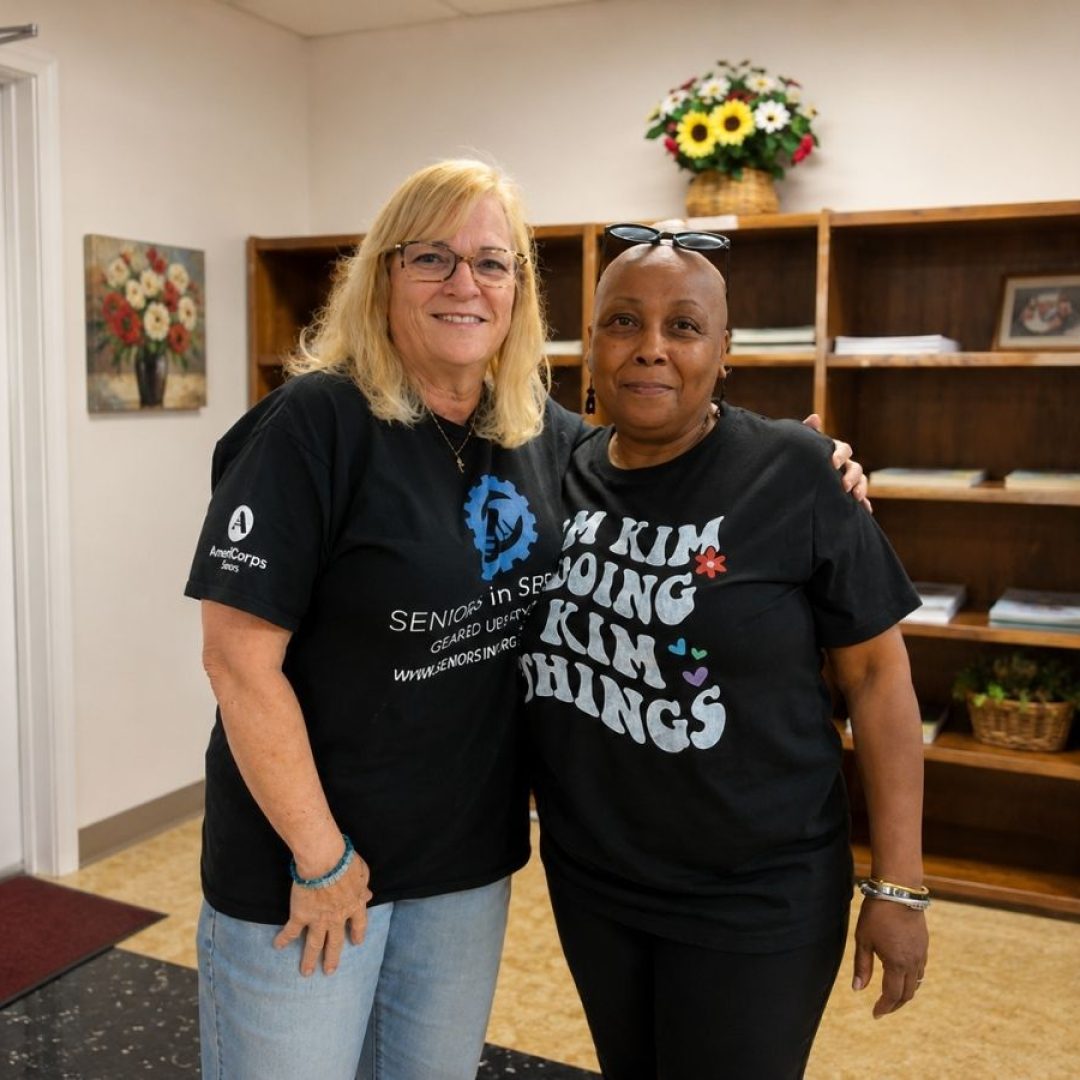 Nancy stands with a Seniors in Service volunteer who provided transportation to a medical treatment appointment more than 100 miles from home.