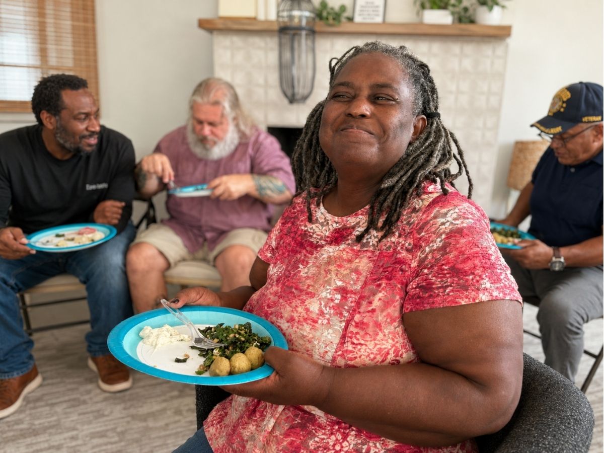 Veterans gather for a community meal during an Operation: Veteran Connect event supporting connection, wellness, and stability in Tampa Bay.