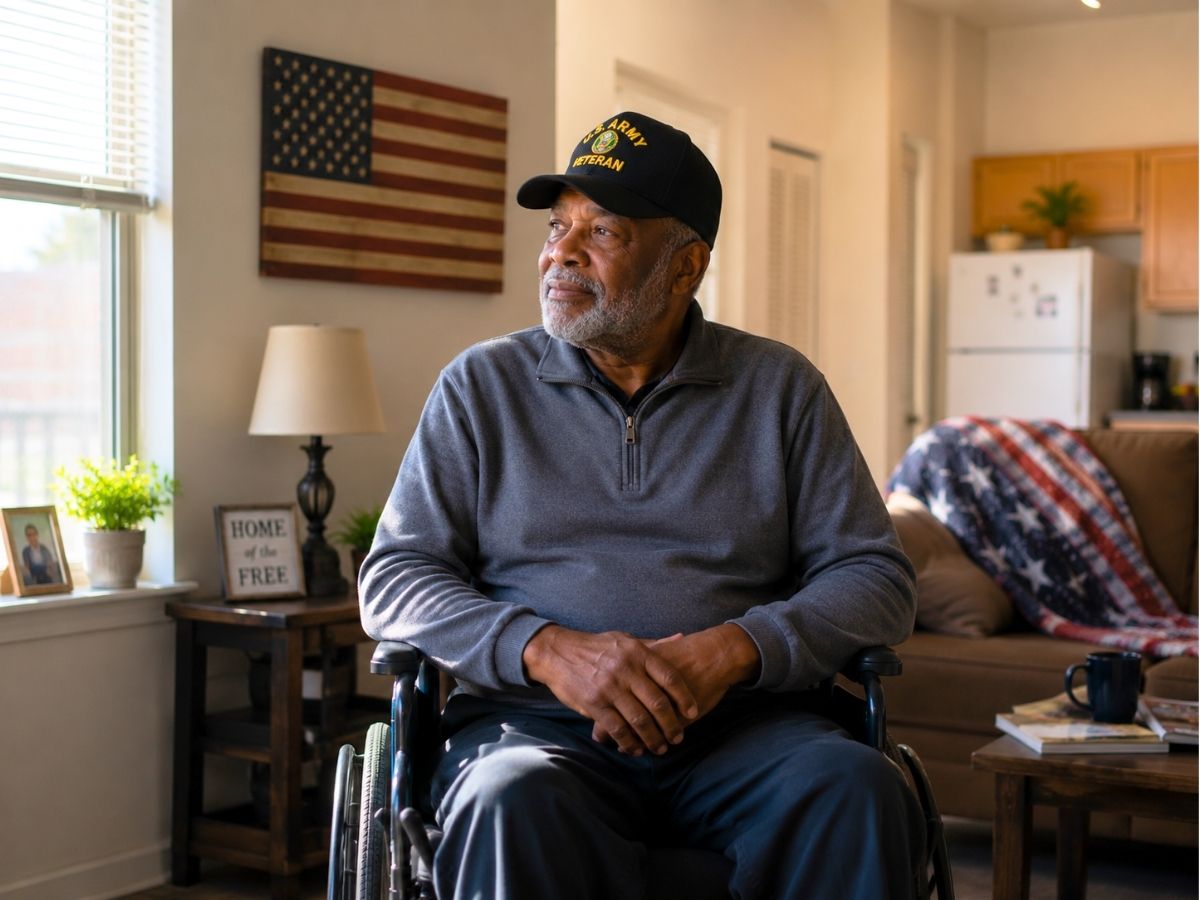 A Veteran using a wheelchair receives support and companionship at home through Veteran Connect services.
