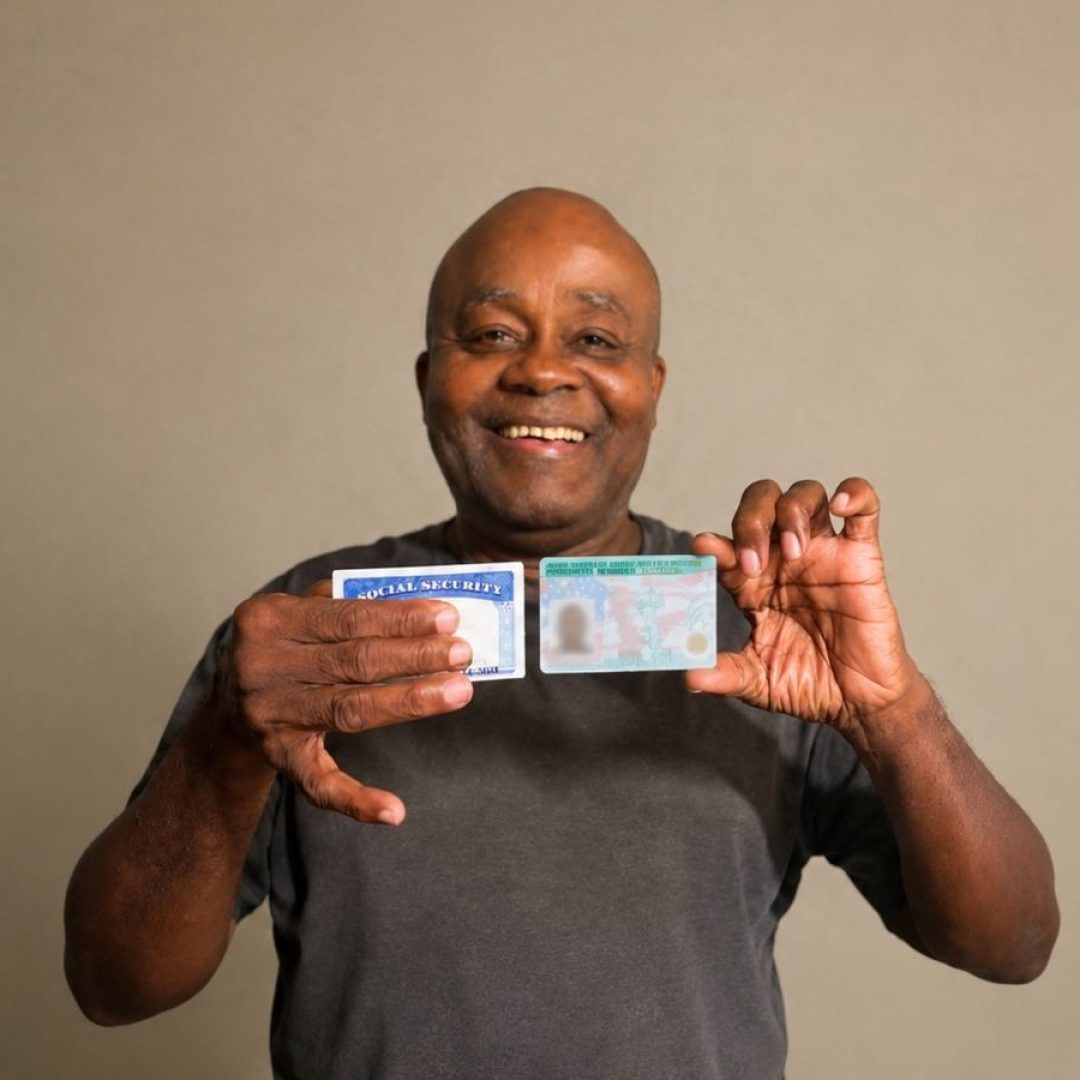 Paul, a veteran served through Operation: Veteran Connect, proudly displays his Social Security card and Permanent Resident card after receiving assistance from Seniors in Service volunteers.