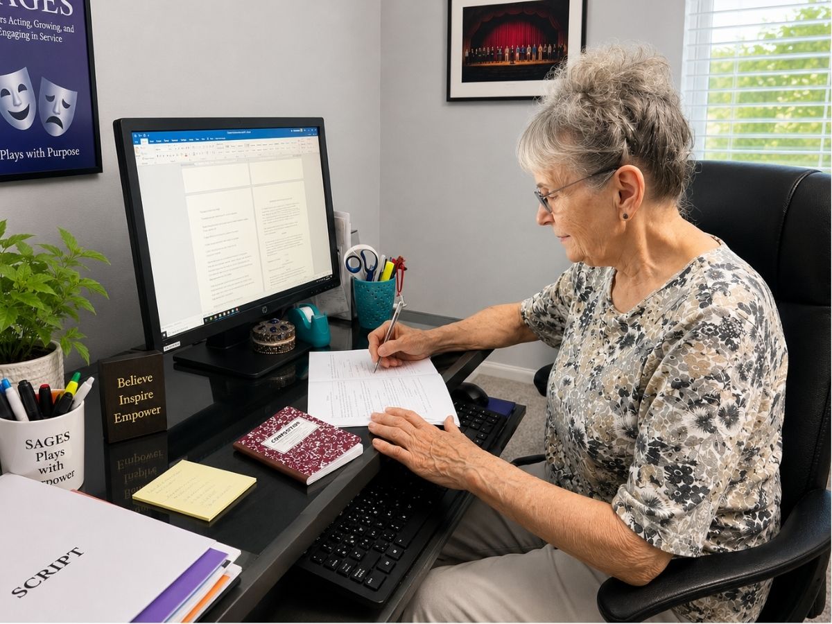 SAGES volunteer writing a script at her home office desk while creating community theater productions with purpose.
