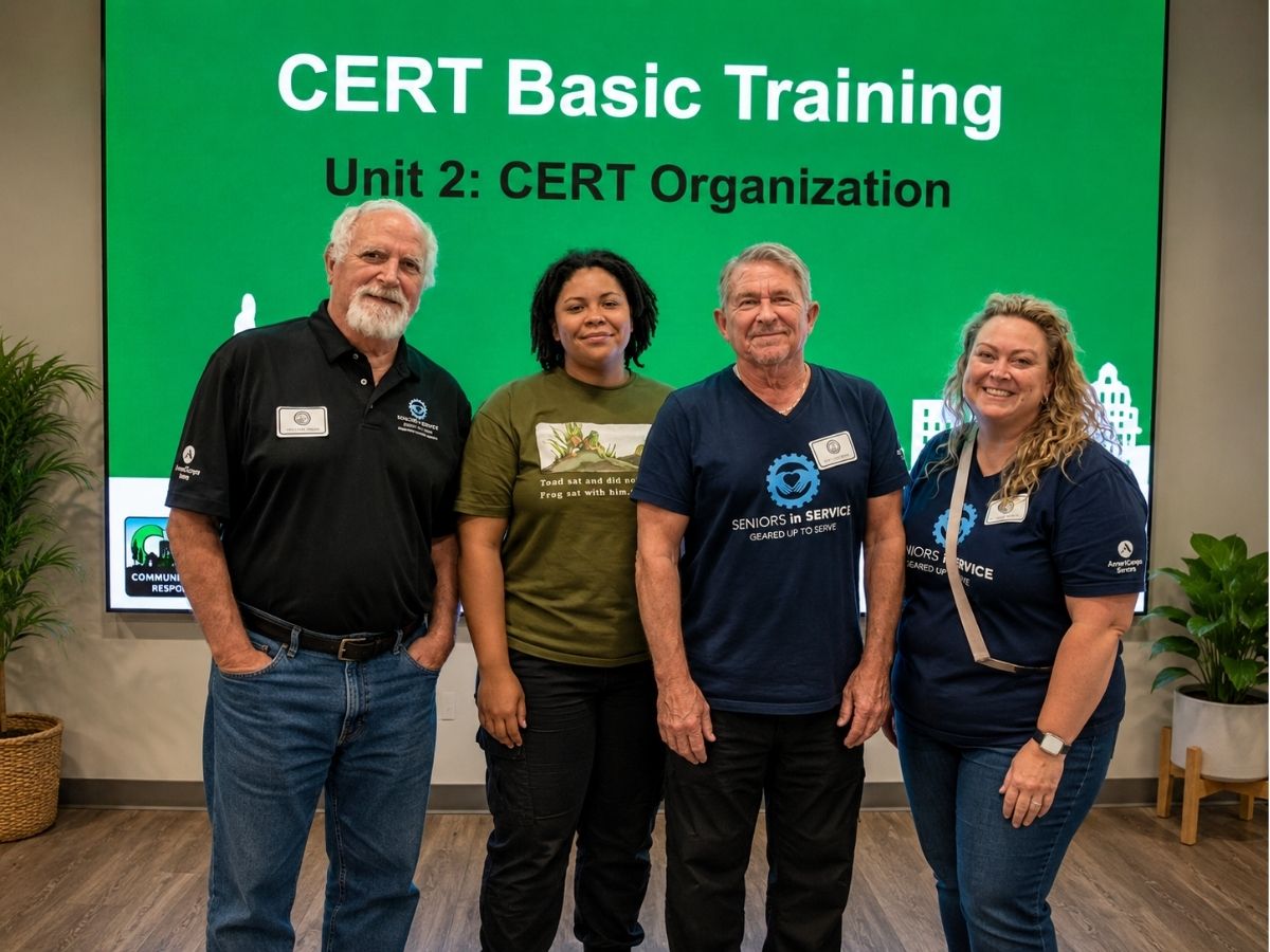 Senior Disaster Support volunteers participate in CERT disaster preparedness training to help protect older adults during emergencies.