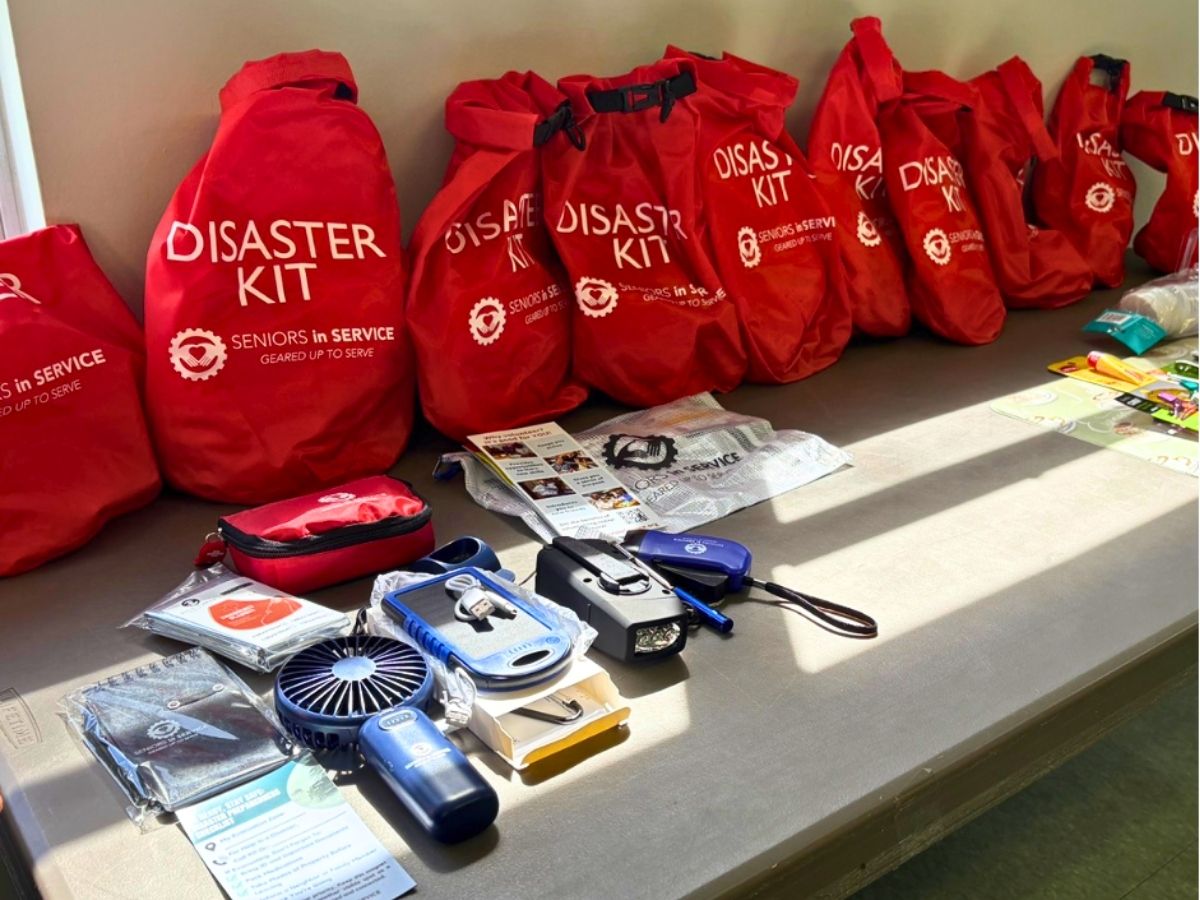 Emergency preparedness kits distributed by the Senior Disaster Support Program to help older adults prepare for hurricanes, power outages, and other emergencies.