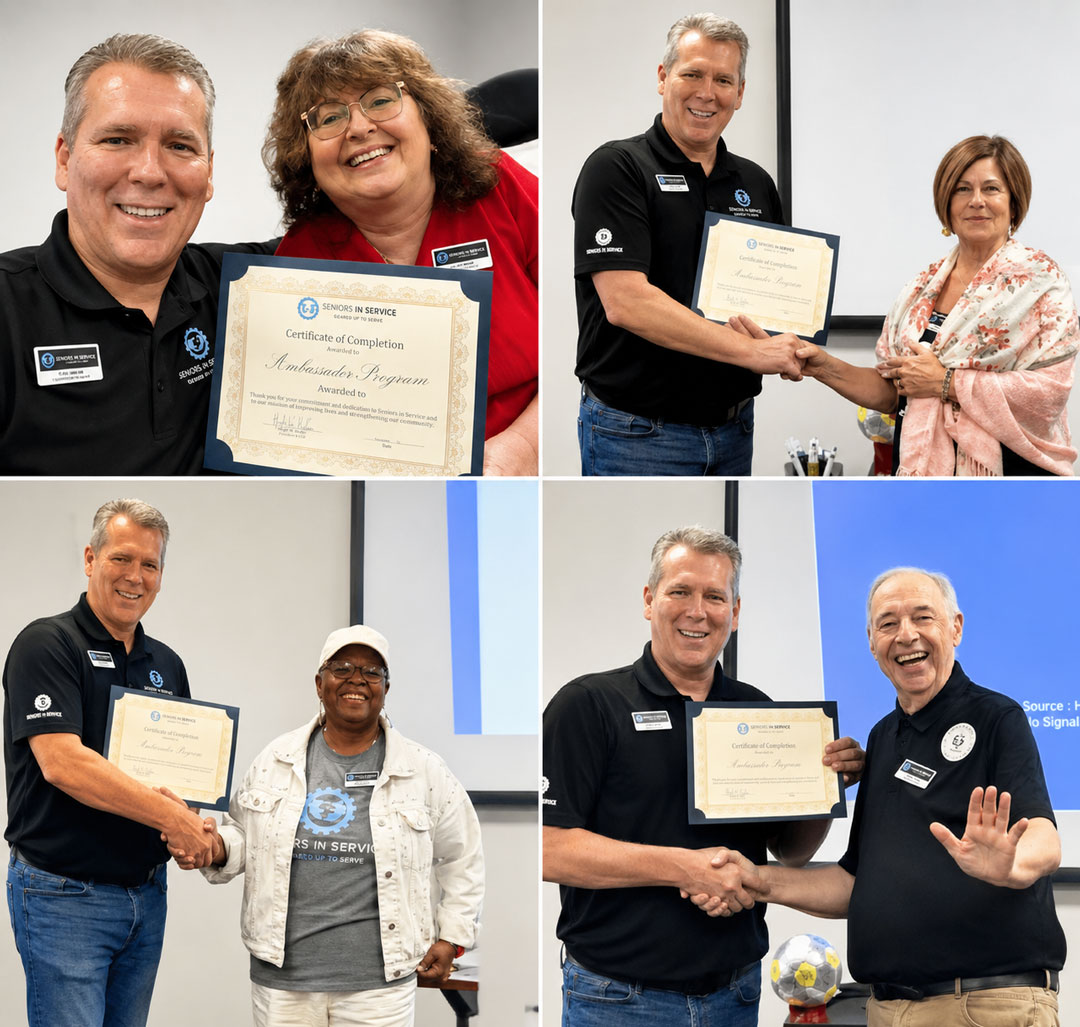 Newly certified Seniors in Service Ambassadors receive certificates during volunteer ambassador recognition and training events.
