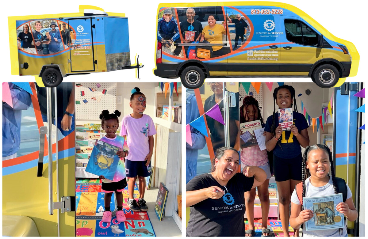 Children and families explore the Seniors in Service Mobile Outreach Unit stocked with books and educational resources during a community event.