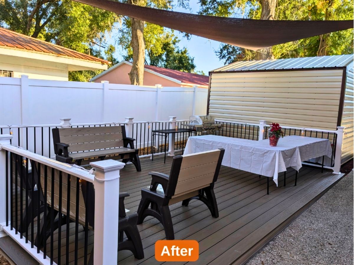 After renovation, the Seniors in Service Tampa office features a new outdoor deck with seating, shade canopy, storage shed, and landscaped gathering space for volunteers.