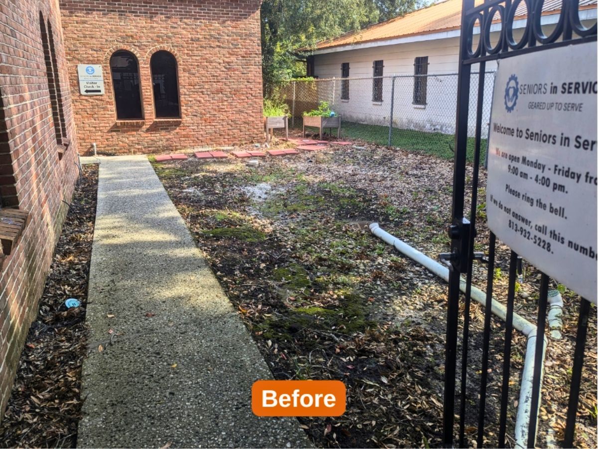 Before renovation, the outdoor entrance and courtyard of the Seniors in Service Tampa office show the space prior to new landscaping, a deck, canopy, and accessibility improvements.