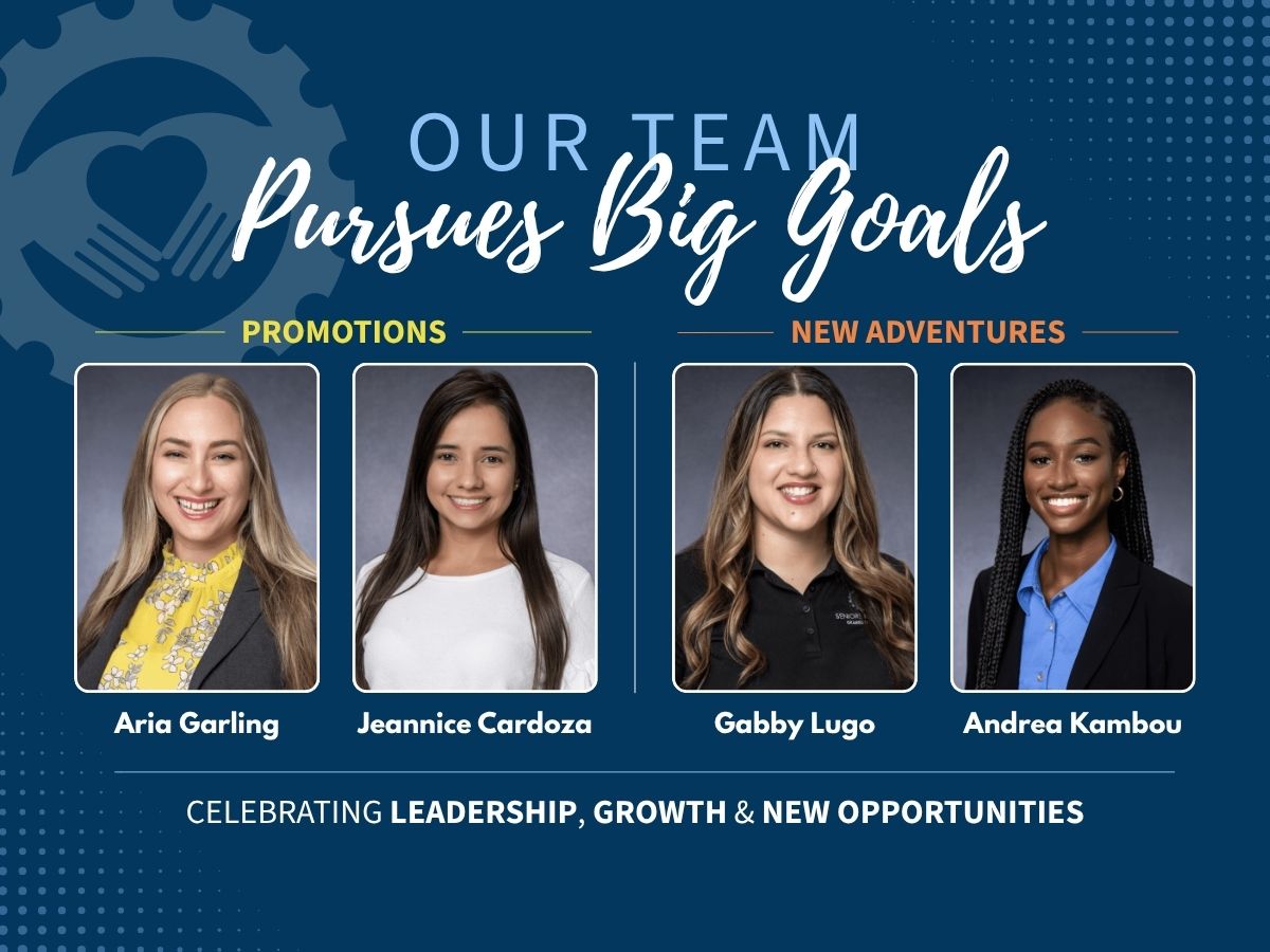 Seniors in Service graphic recognizing staff promotions and new opportunities for Aria Garling, Jeannice Cardoza, Gabby Lugo, and Andrea Kambou.