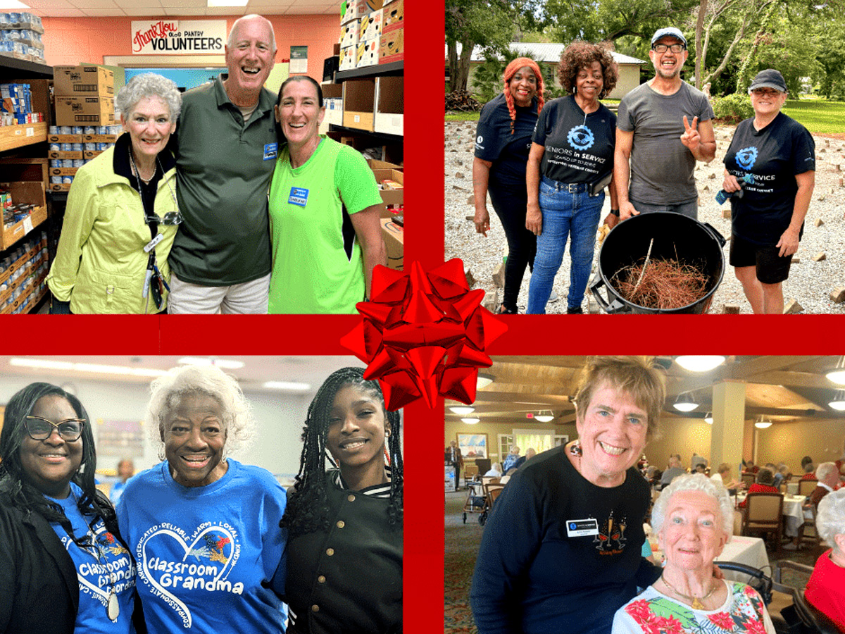 Collage of Seniors in Service volunteers supporting seniors, children, veterans, and families across Tampa Bay through community service.