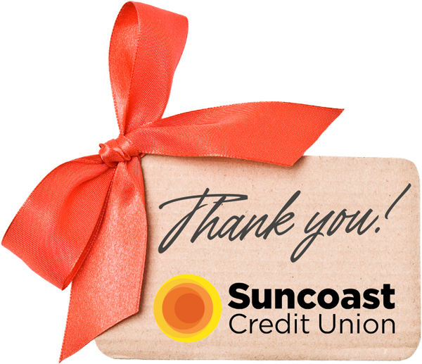 Thank you gift tag featuring the Suncoast Credit Union logo and a red ribbon recognizing the organization's support of Seniors in Service.