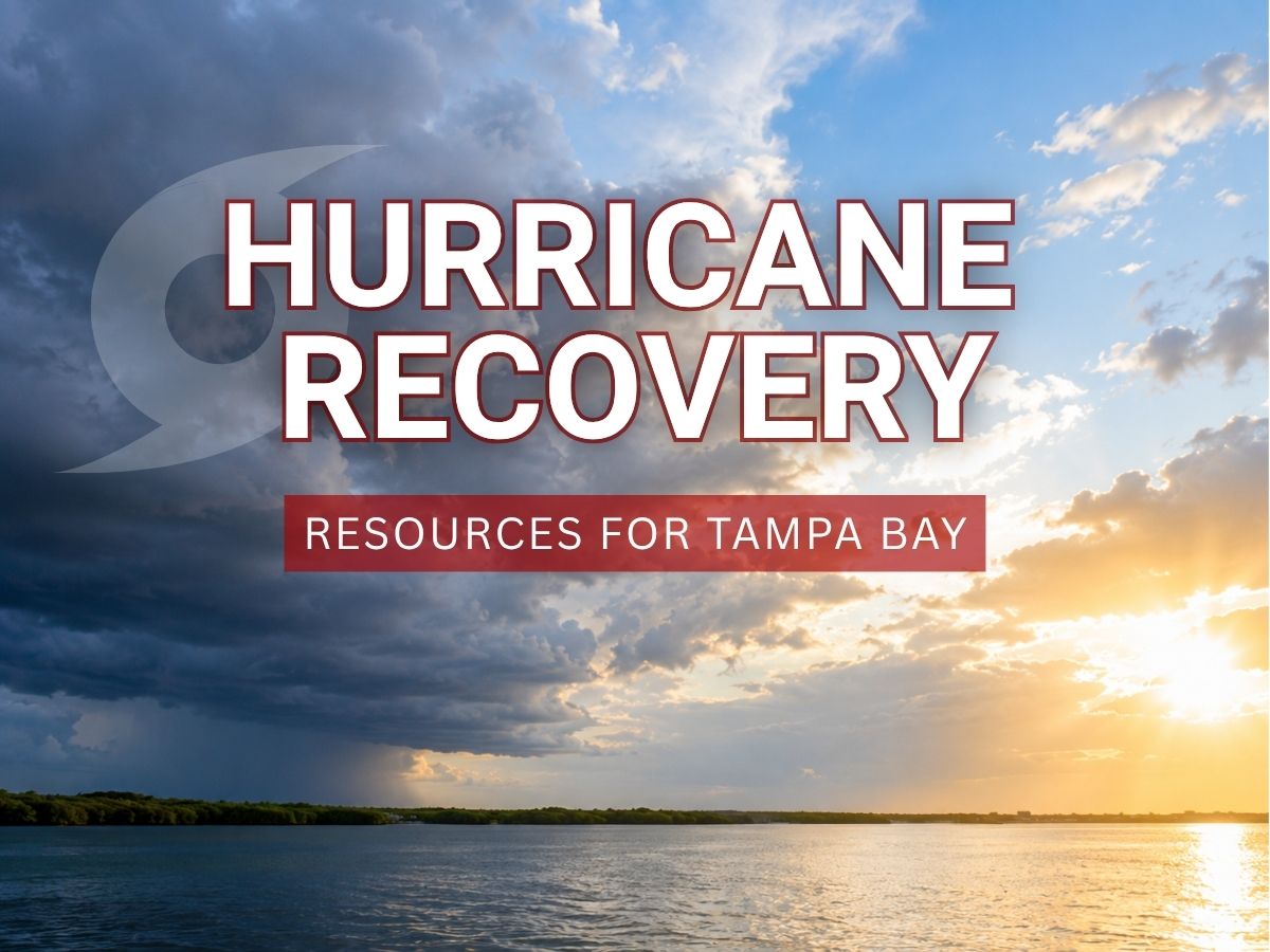 Hurricane recovery graphic promoting resources, preparedness information, and volunteer opportunities for Tampa Bay residents.
