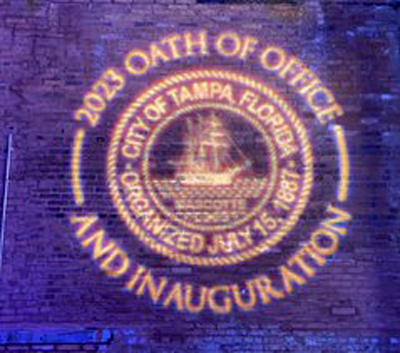 Projected City of Tampa seal displayed during the 2023 Tampa mayoral oath of office and inauguration ceremony.