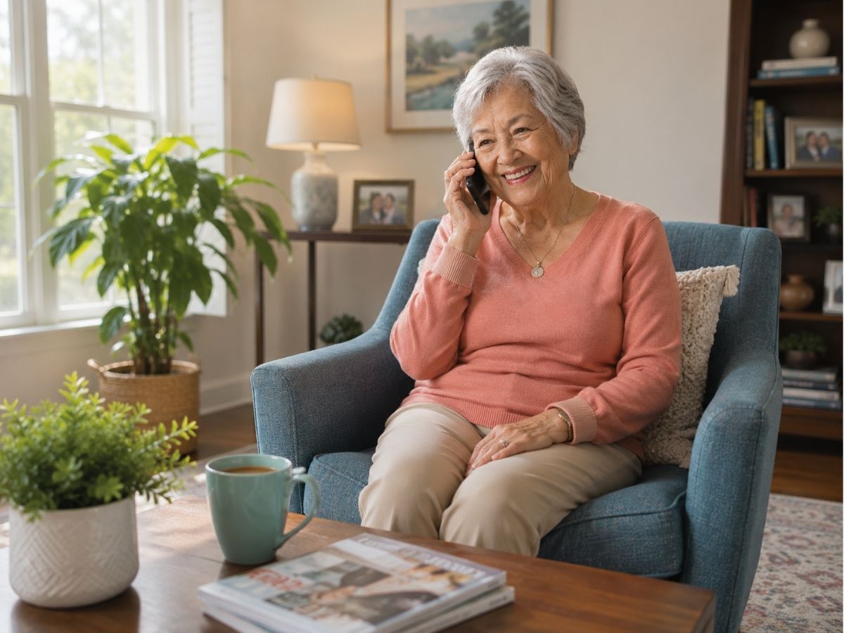 Senior woman smiling while talking on a cellphone from her living room, representing TelePals companionship and social connection for older adults.