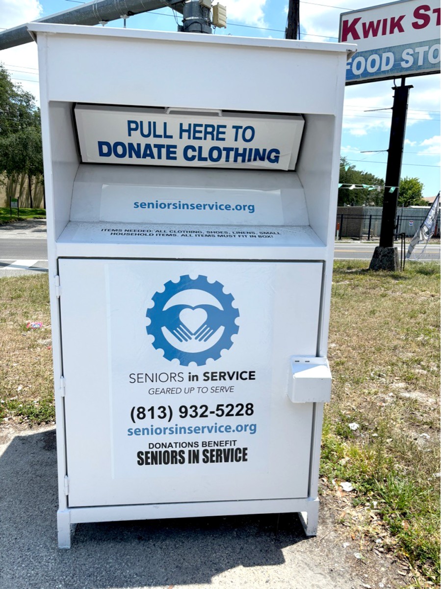 Clothing donation drop box operated by Operation: Veteran Connect and Seniors in Service to collect clothing and household items for veterans in Tampa Bay.