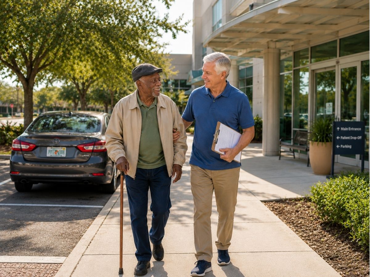 Volunteer driver walks with an older adult outside a medical office, helping the senior access healthcare and maintain independence.